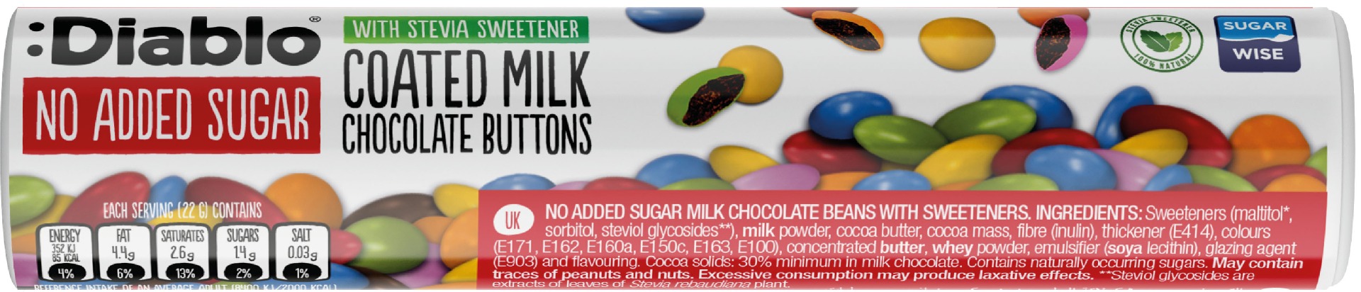 Diablo Milk Chocolate Buttons in Tube (Stevia) 22g x 20