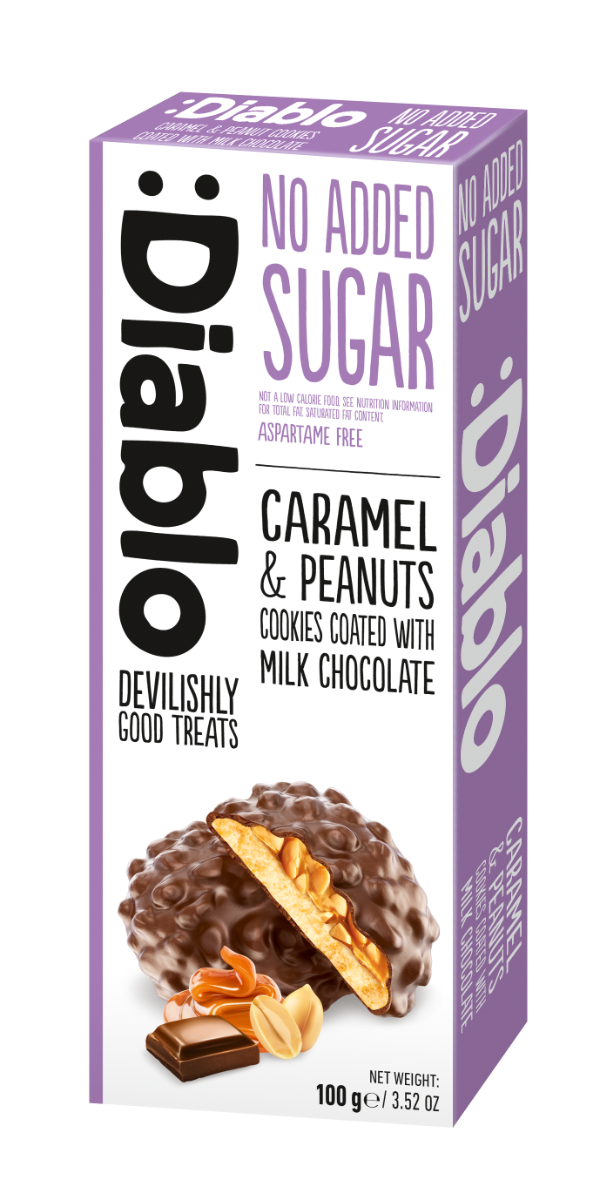 Diablo No Added Sugar Caramel & Peanut Milk Chocolate Cookies 100g x 24