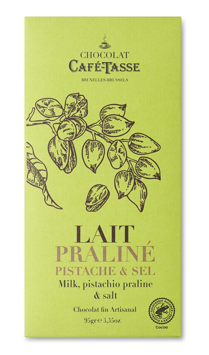 Cafe Tasse Filled Bar Milk Chocolate Pistachio Praline & Salt 95g x 12