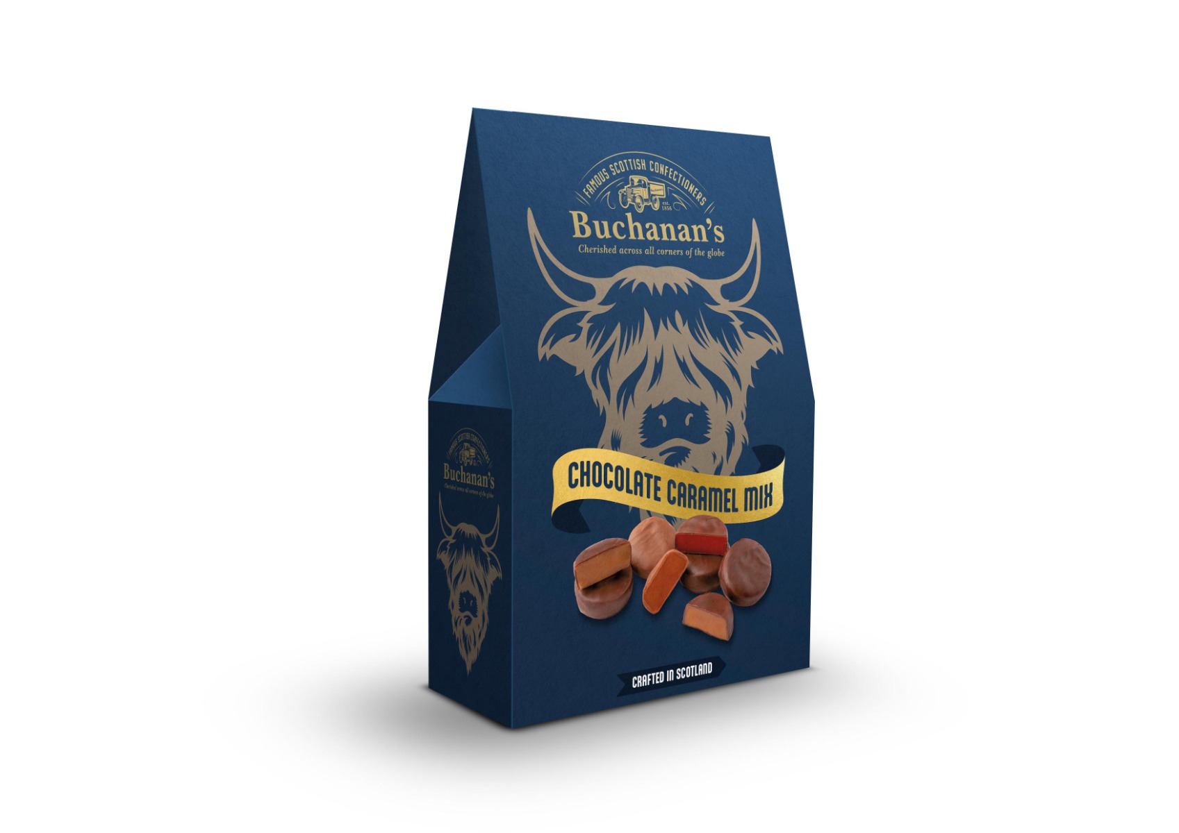 Caramel Favourites, Mix of Dark Chocolate, Milk Chocolate, Raspberry & Orange Caramels A Frame 150g