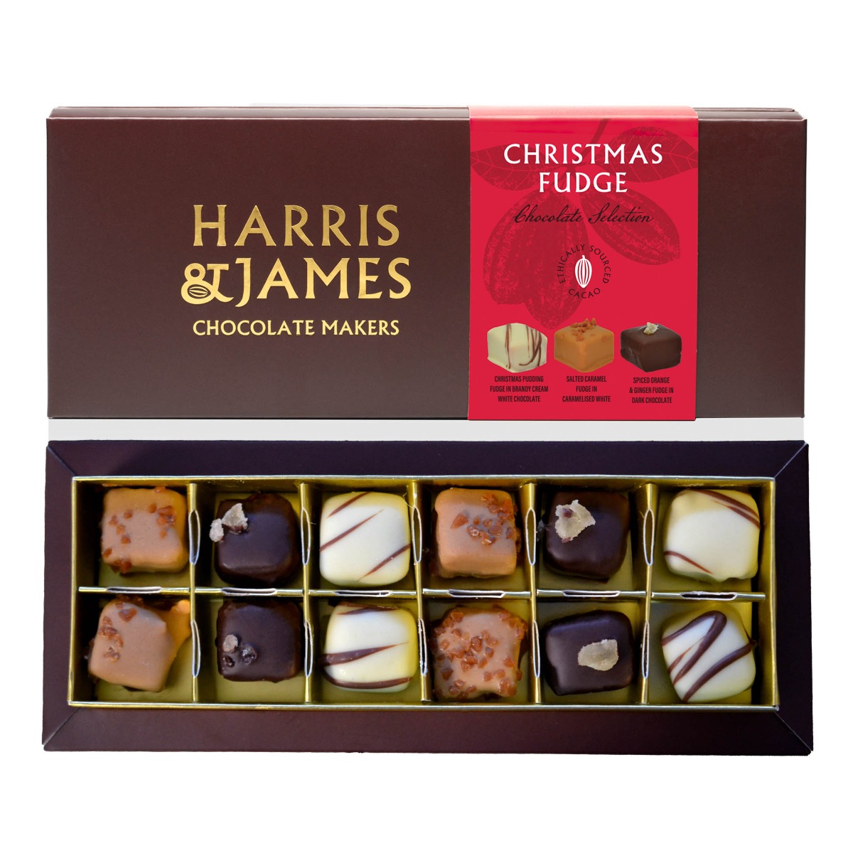 Harris & James Christmas Chocolate Enrobed Devon Fudge 12 piece gift box 130g x 9