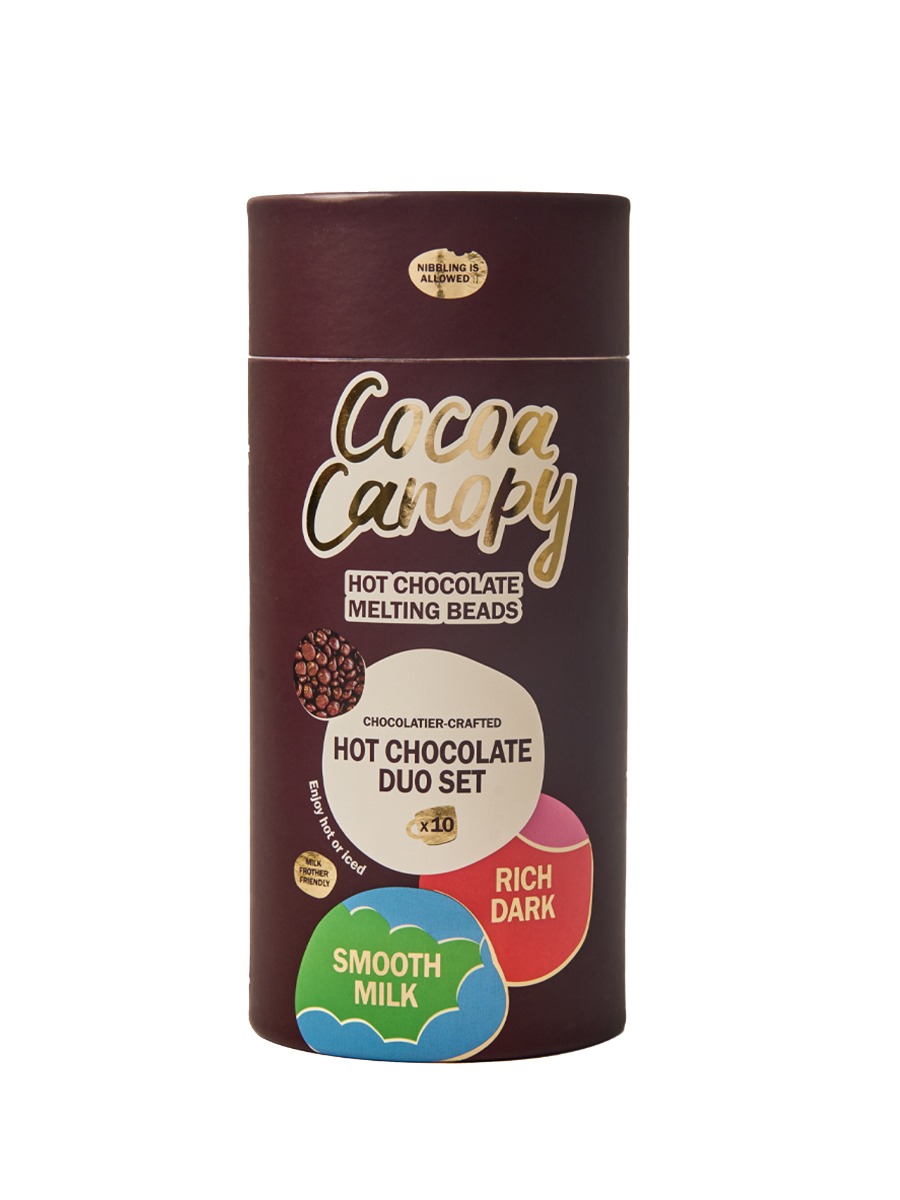 Cocoa Canopy Hot Chocolate Making Kit contains 150g Smooth Milk, 150g Rich Dark (Vegan) 40g Vegan Ma