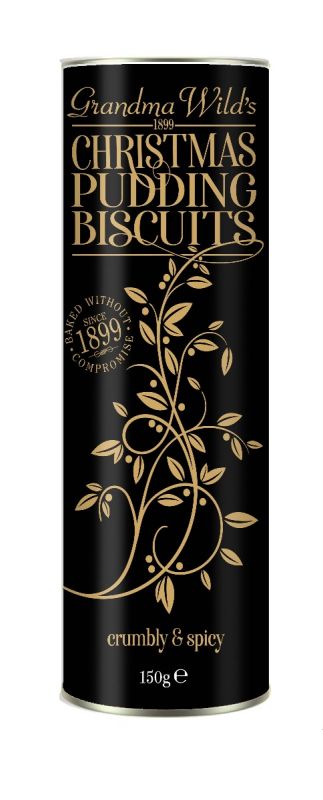 Ornate Black & Gold Christmas Pudding Biscuits Tube 150g x 12