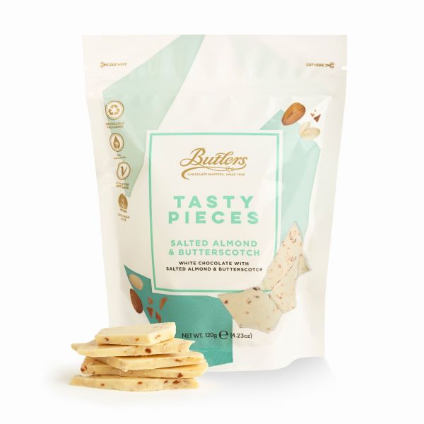 Butlers Tasty Pieces White Chocolate Salted Almond & Buttersctoch Bark Pieces 120g  x 12