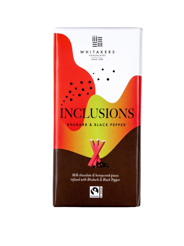 Rhubarb & Black Pepper Milk Chocolate Inclusions Bar 90g x 12 Fairtrade