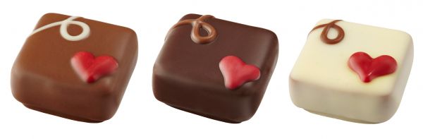 Square Valentine Chocolates (Milk Hazelnut Praline, Dark Chocolate Cream and White Raspberry Ganache