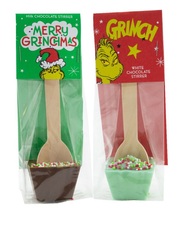 The Grinch Chocolate Stirrers (Mixed case) 5 Milk Chocolate & 5 White Chocolate (green) 50g x 10