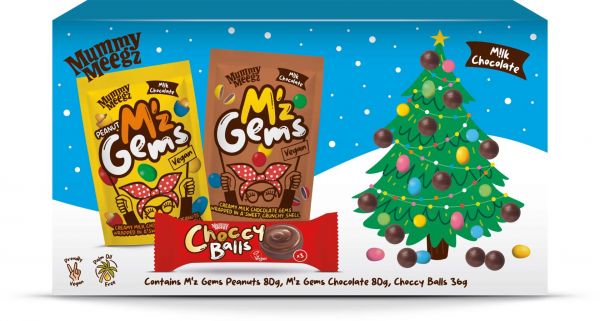 Christmas Selection Box contains M'z Gems Chocolate 80g, M'z Gems Peanuts 80g & Choccy Balls 36g (19