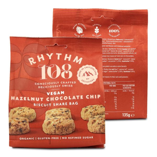 Rhythm 108 Swiss Vegan Hazelnut Chocolate Chip Share Bag 135g x 8