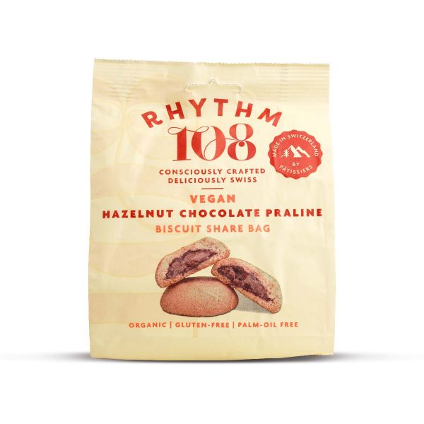 Rhythm 108 Swiss Vegan Hazelnut Chocolate Praline Biscuit Share Bag 135g x 8