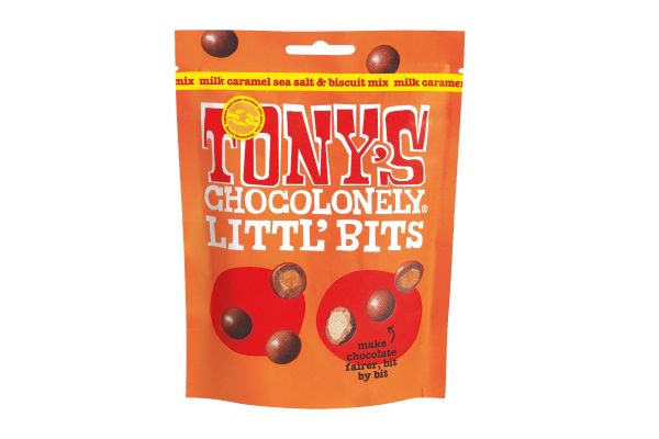 Tony's Chocolonely Littl' Bits Milk Caramel Sea Salt & Biscuit Mix Fairtrade UK 100g x 8