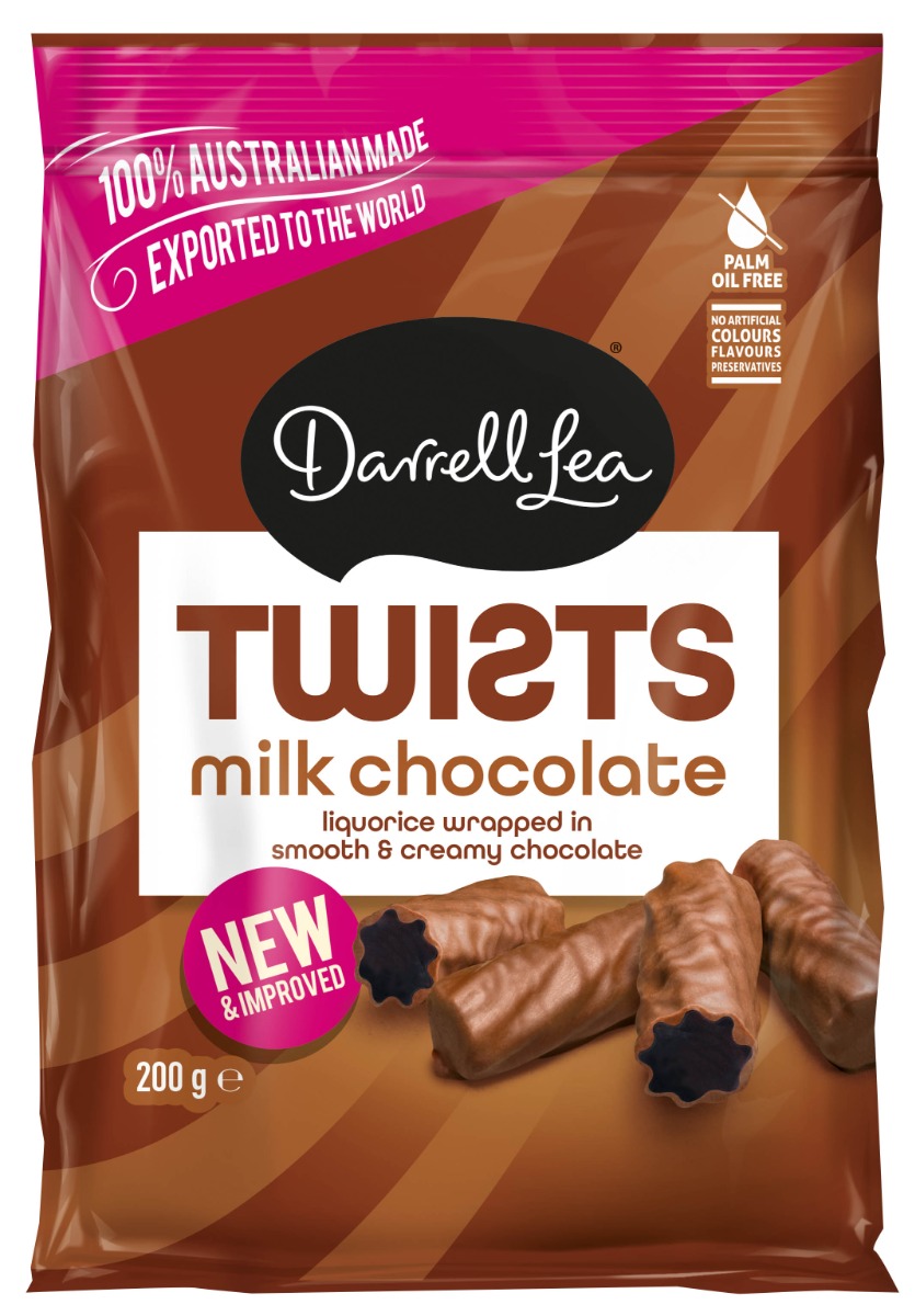 Darrell Lea Liquorice Twists Milk Chocolate Coated 200g x 12