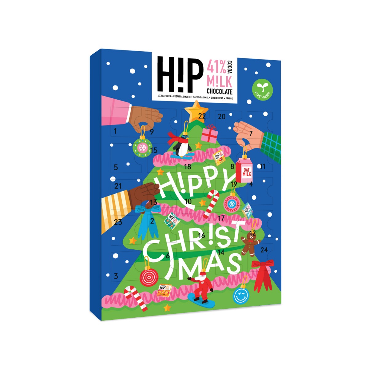 HiP Oat M!lk Chocolate Advent Calendar contains 24 individually wrapped H!P chocolates, 4 flavours 8