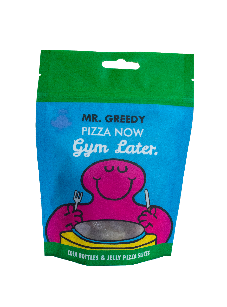 Mr Men - Mr Greedy  - Jelly Pizza Slices and Jelly Fizzy Cola Bottles Doybag 140g x 20