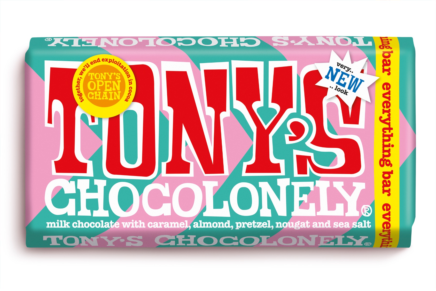 Tony's Chocolonely Milk Chocolate Caramel Almond Pretzel Sea Salt 180g x 15 FAIRTRADE