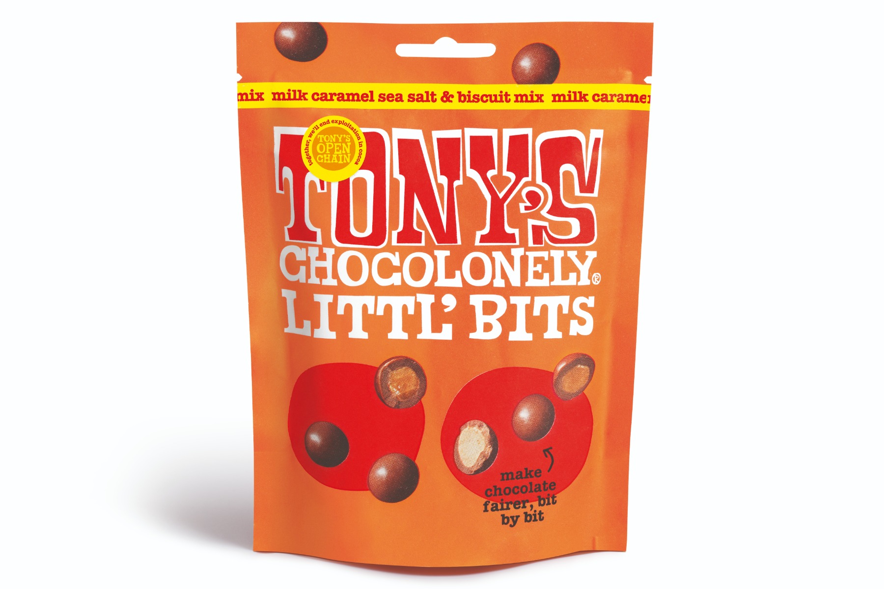 Tony's Chocolonely Littl' Bits Milk Caramel Sea Salt & Biscuit Mix Fairtrade UK 100g x 8