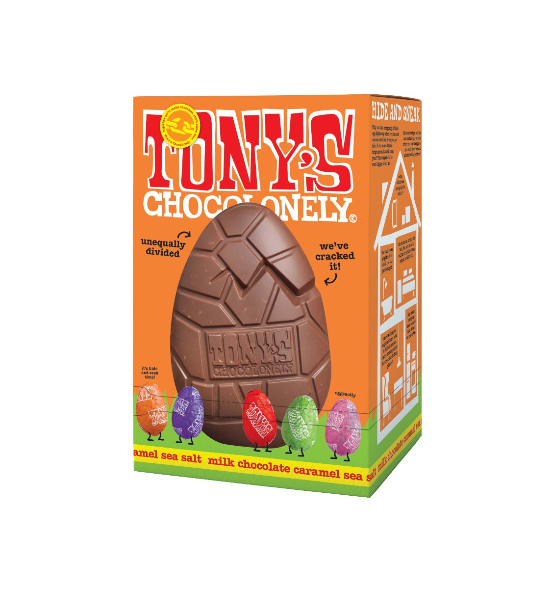 Tony's Chocolonely Large Hollow Milk Caramel Sea Salt Easter Egg & Mini Eggs Fairtrade UK 242g x 6